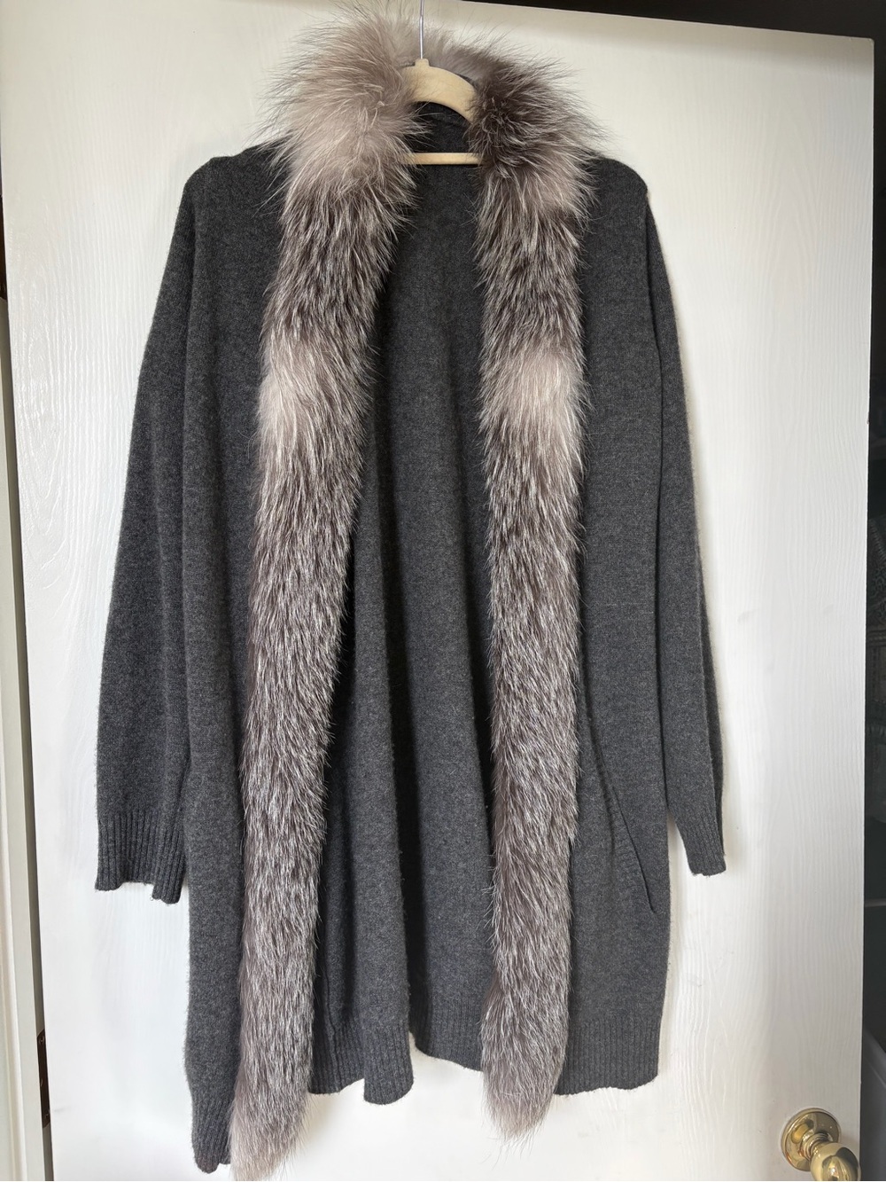 Alice + Olivia Charcoal Gray Wool Cardigan with Fur Trim